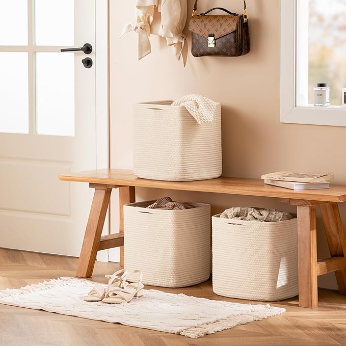 joybest Cube Storage Bins Set of 4, 11inch Cube Baskets Organizer for Nursery, Square Cotton Rope Baskets for Shelves Organizing, Kids Toy, Closet Storage, Beige-CubbioJoy