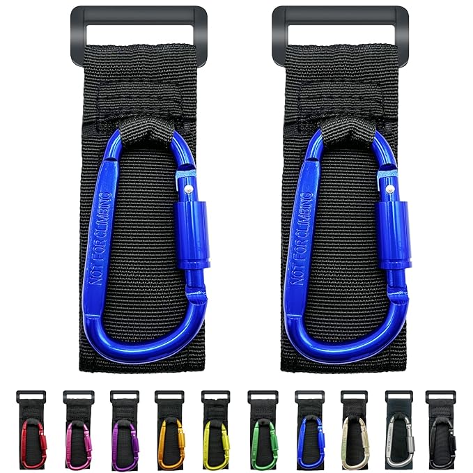 Baby Stroller Hook, Carry 30 lbs per Stroller Carabiner Clip, Adjustable Baby Stroller & Car Seat Hook for Hanging Diaper Bag, Wheelchair,Golf cart, Shopping and Pet Cart(2 Pcs Blue)-CubbioJoy