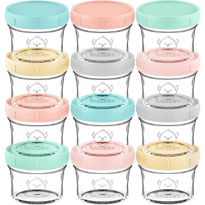 KeaBabies 12pk 4oz Glass Baby Food Containers with Lids - Leak-Proof, Microwavable Small Glass Jars, Baby Purees & Toddler Snack Storage Containers, BPA-Free, Dishwasher & Freezer Safe (Pastels)-CubbioJoy