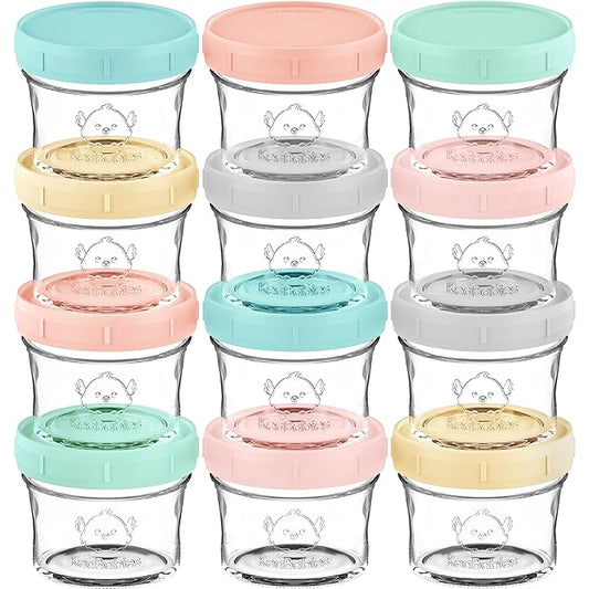 KeaBabies 12pk 4oz Glass Baby Food Containers with Lids - Leak-Proof, Microwavable Small Glass Jars, Baby Purees & Toddler Snack Storage Containers, BPA-Free, Dishwasher & Freezer Safe (Pastels)-CubbioJoy