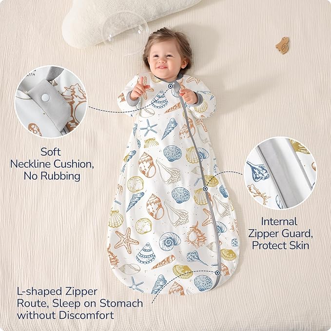 Baby Sleep Sack 18-24 Months, Cotton Detachable Long Sleeve Sleep Sack, 2.5 Tog Toddler Sleeping Sack with Temperature Strips, 2-Way Zipper Wearable Blankets for Newborns, Ocean-CubbioJoy