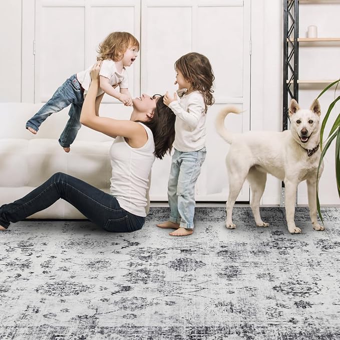 9x12 Area Rug Living Room Rugs, Stain Resistant Washable Rug, Vintage Large Non-Slip Backing, Low Pile Lightweight Print Rug for Bedroom Dinning Room Home Office (White/Grey)-CubbioJoy