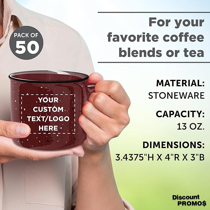 DISCOUNT PROMOS Custom Ceramic Campfire Coffee Mugs 13 oz. Set of 50, Personalized Bulk Pack - Perfect for Tea, Espresso, Cappuccino, Hot Cocoa - Maroon-CubbioJoy