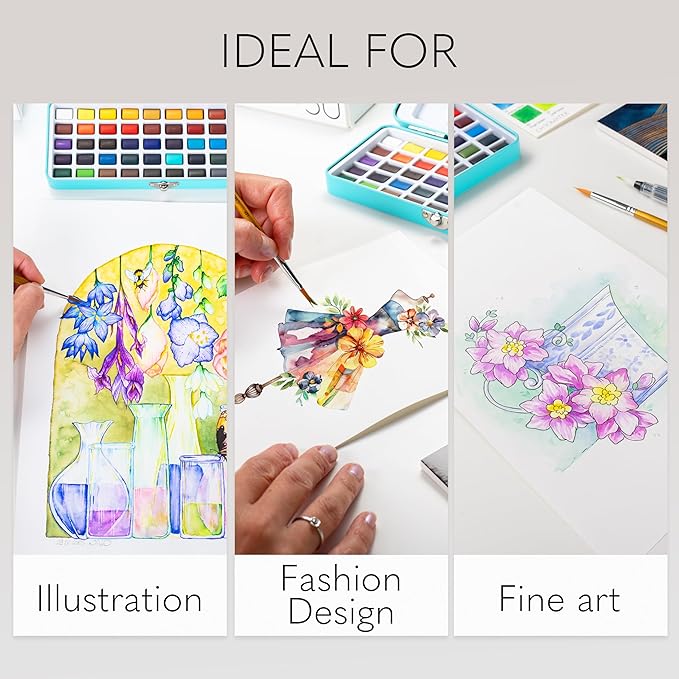 CHROMATEK Watercolor Paint Set – 50 Vivid Colors Including Transparent, Opaque & Pastel – Art Kit with Brush, Water Pen, Palette, Color Chart, Swatch Sheets, Pad & Metal Travel Case-CubbioJoy