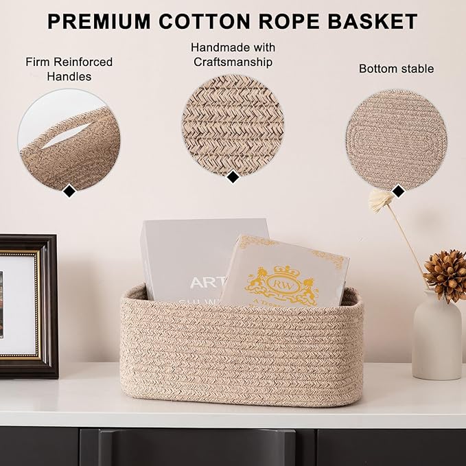 4 Pack Small Storage Shelf Baskets for Organizing, Mini Woven Rope Storage Bins for Towels, Cute Decorative Closet Organizer，Baby Nursery, Gift Empty Baskets -13''Lx8.66''Wx5.11''H-Brown-CubbioJoy