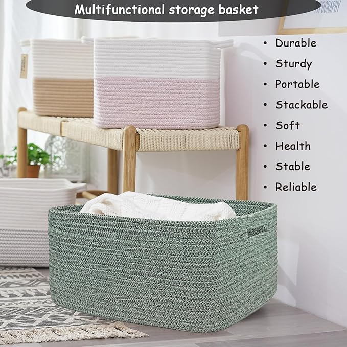 COMFY-HOMI Cotton Rope Woven Basket with Handles for Shelves,Toys,Book, Cloth Storage Baskets for Organizing-17" x 13" x 7.5" Toy Decorative Organizer for Living Room, Bathroom （Green）-CubbioJoy