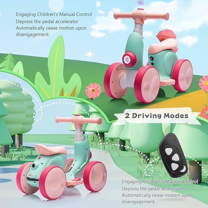 6V Electric Baby Balance Bike with Bubble Machine,4 in 1 Toddler Balance Bike w/Remote for 1 Year Old Boys Girls Kids Bubble Bike Ride on Toys w/Powered Motor,Music,LED Lights (Green&Red)-CubbioJoy