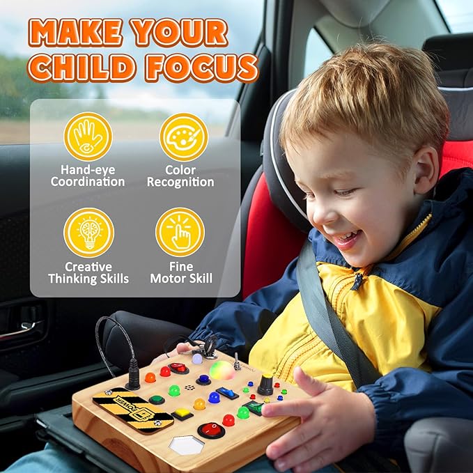 Busy Board with LED Light, Wooden Sensory Toys for Toddler, Montessori Music Toy for Airplane, Travel Activity Educational Learning Autism Toys, Birthday Boys Girls Gifts-CubbioJoy