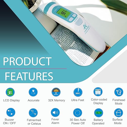 Amplim Non-Contact Forehead Thermometer & Case for Adults, Kids, Baby, FDA Cleared, Medical Grade, Touchless Infrared, 1-Sec Reading, Fever Alarm, Memory Recall, Quiet Mode, (White)-CubbioJoy