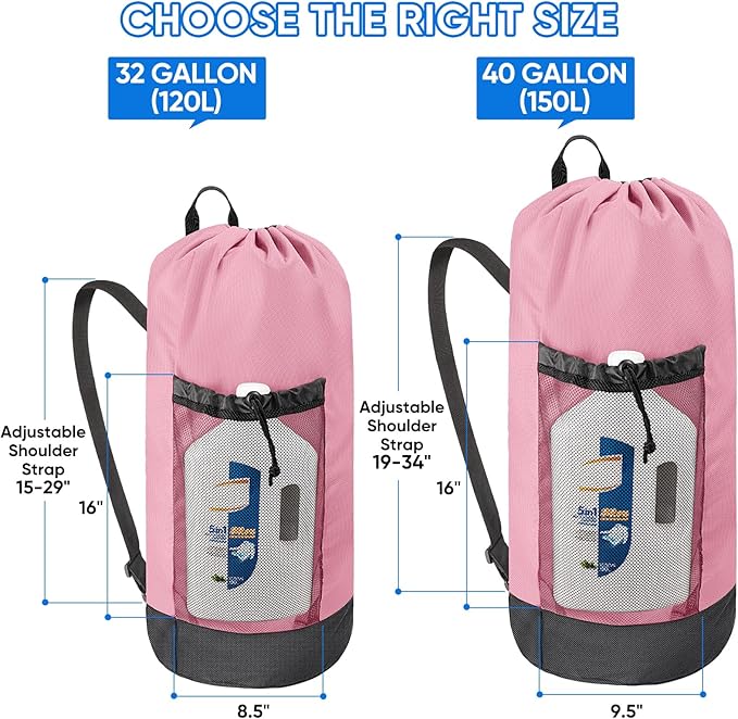 BALEINE 150L Laundry Bag Backpack, 900D Oxford Fabric Large Travel Laundry Bags with Shoulder Straps and 2 Mesh Pockets for College Dorm, Apartment, Laundromat (Pink, 150L)-CubbioJoy