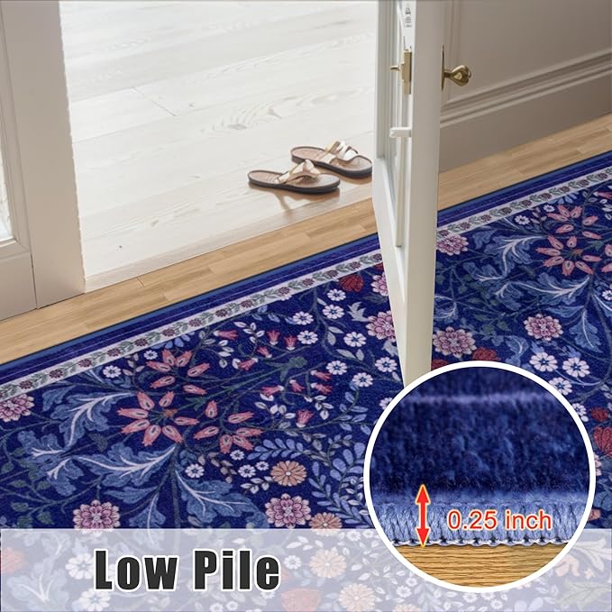 Area Rugs 9x12 Living Room: Floral Washable Rug Vintage Large Soft Boho Non-Slip Carpet Indoor Floor Stain Resistant Low Pile Carpets for Bedroom Dining Room Farmhouse Nursery Home Office Blue-CubbioJoy