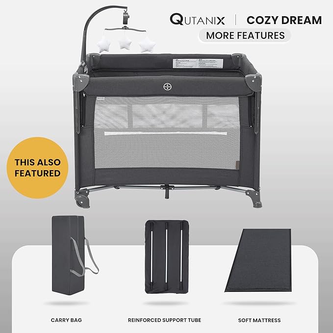 2-in-1 Pack and Play with Mattress,Baby Bassinet Bedside Sleeper, Bedside Bassinet & Baby Playpen, Easy Folding Portable Crib for Newborn to Toddlers (Dark Grey)-CubbioJoy