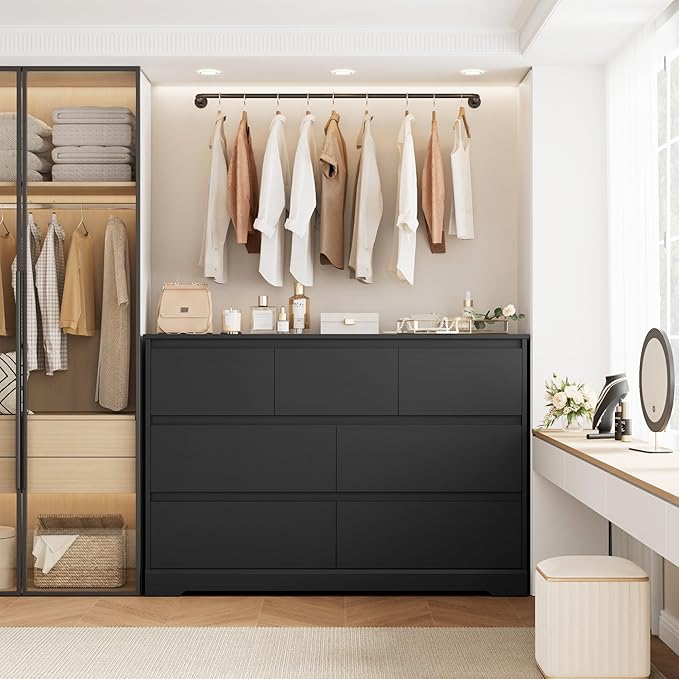 Dresser for Bedroom, Modern Black Dresser, Wood Chest of Drawers Nursery Dressers, with Storage, 7 Drawer Double with Handle Free, Large Storage Organizer for Living Room,White-CubbioJoy