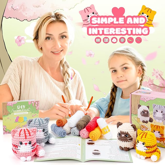 Crochet Kit for Beginners -4 PCS Cat Crochet Kit with Step-by-Step Video Tutorials, Learn to Crochet Kits for Adults and Kids, Beginner Crochet Kits for Adults, Animals Cat Crafts Knitting Kit-CubbioJoy