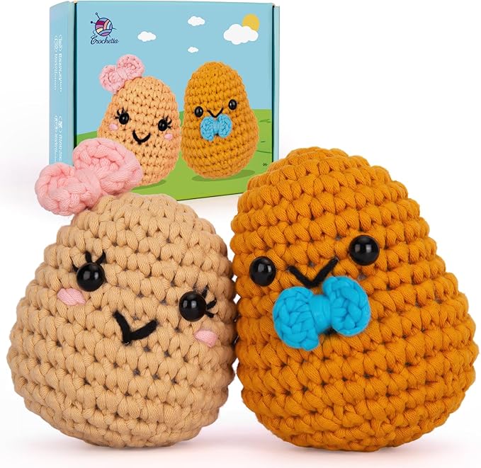 Crochetta Crochet Kit for Beginners, Learn to Crochet Kits for Adults Kids, Jumbo Potato Couple, Includes Yarn, Hooks, Stuffing, Pattern, Video Tutorials-CubbioJoy