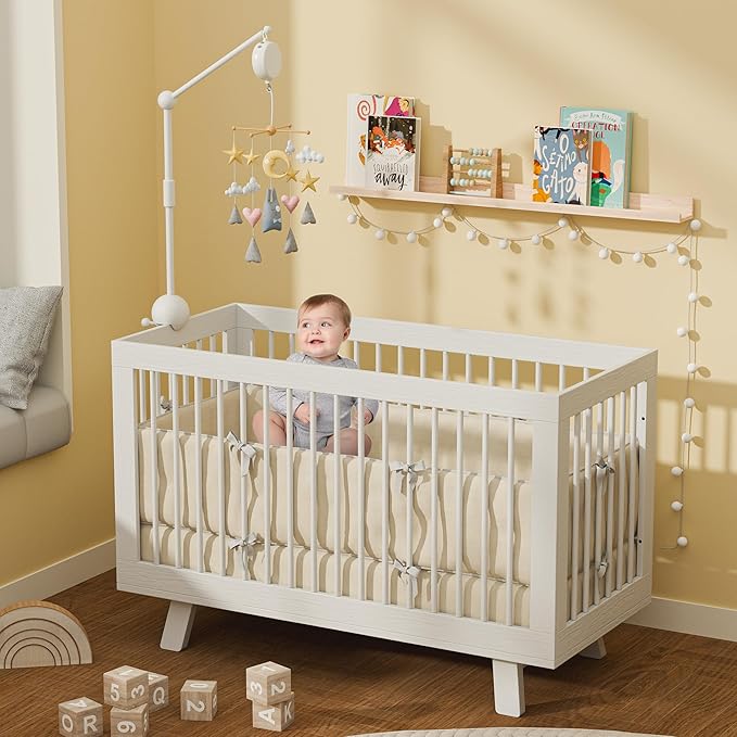 Crib Mobile Arm with Music Box,32.5 Inch White Crib Mobile Stand,Wooden Mobile Arm for Crib (2 Modes,360°Adjustable,100% Beech Wood) Baby Crib Mobile for Boy and Girl-CubbioJoy