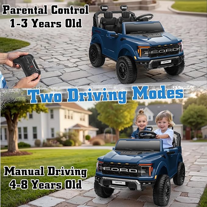 24V Ride on Car Licensed Ford F-150 Raptor, Kids Electric Car with Remote Control, LED Light/Music/MP3, Truck Bed Storage, 3-Point Seat Belt (24V, Blue)-CubbioJoy