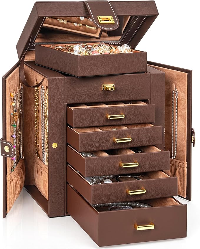 AKOZLIN Jewelry Box Organizer Functional Leather Jewelry Storage Case for Women Girls Ring Necklace Earring Bracelet Holder Organizer with Mirror Brown-CubbioJoy