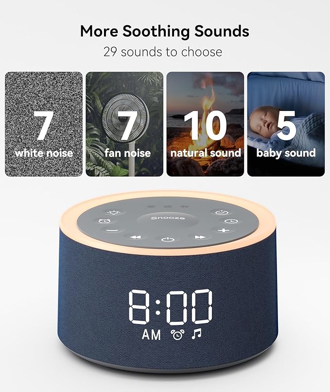 Dreamegg D1+ Sound Machine & Alarm Clock - Sound Machine for Sleep, White Noise Machine with 29 Soothing Sounds, Night Light, 0-100% Dimmable, White Noise Alarm Clock for Bedrooms Adults Baby, Blue-CubbioJoy