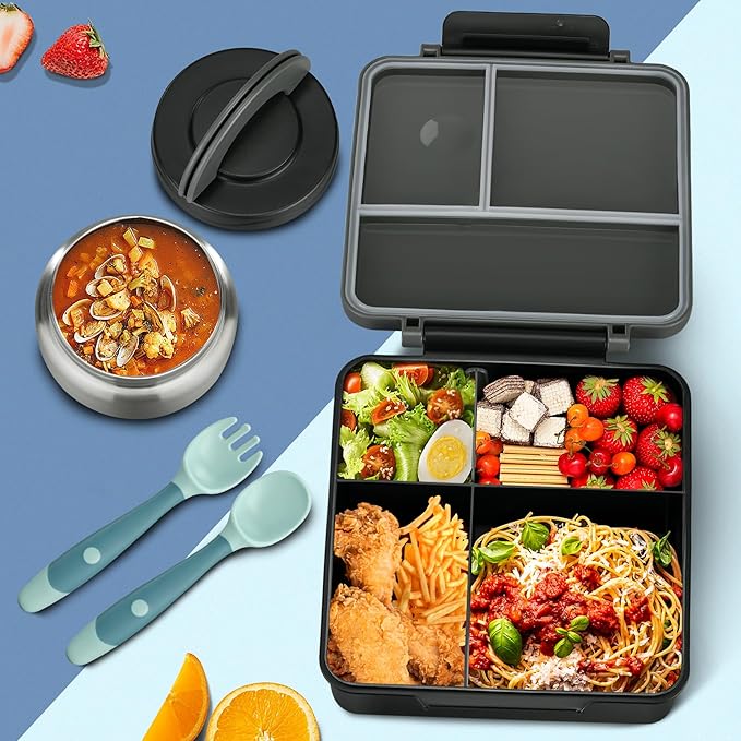 Bento Lunch Box for Kids with 8oz Soup Thermo&Lunch Bag, Leak-Proof Lunch Food Containers with 4 Compartment, Hot Food Insulated Food Jar for Kids School (Black)-CubbioJoy