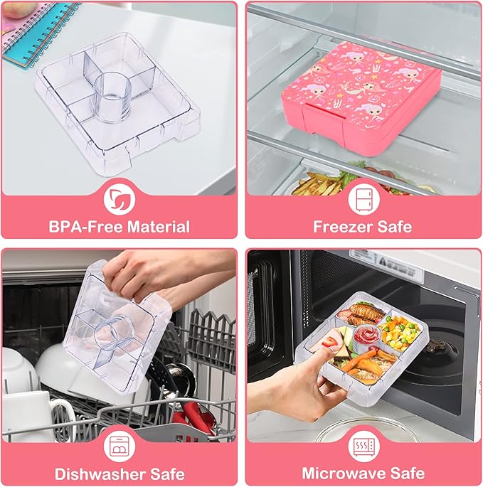 Bento Lunch Box Set With 10oz Soup Thermo, Leak-proof Lunch Containers with 4 Compartment, Kids Hot Thermo Food Jar/Insulation Lunch Bag, Food Containers for School（Mermaid）-CubbioJoy