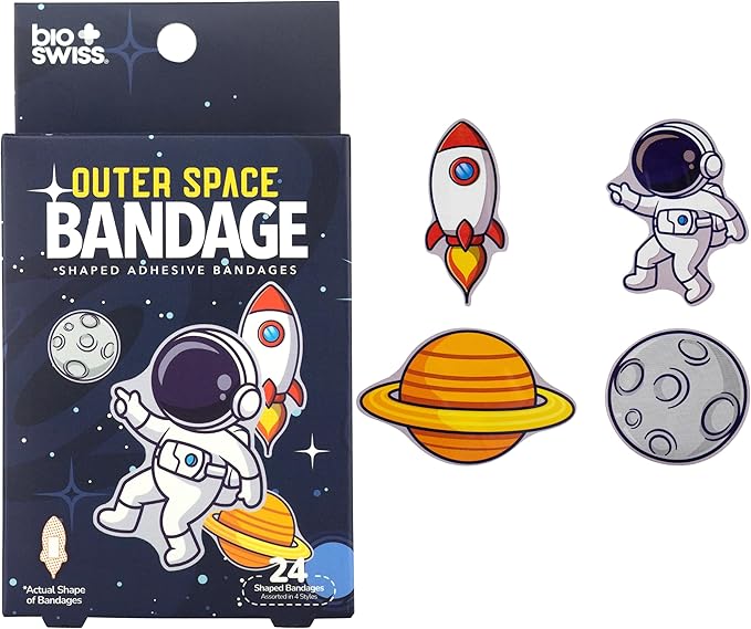 BioSwiss Bandages, Outer Space Shaped Self Adhesive Bandage, Latex Free Sterile Wound Care, Fun First Aid Kit Supplies for Kids and Adults, 24 Count-CubbioJoy