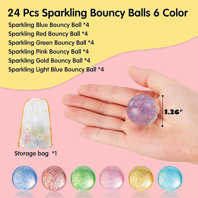 JOYIN 24 PCS Glitter Bouncy Balls, 6 Styles 32mm Assorted Bouncy Balls Bulk with Storage Bag, Bounce Toys for Kids Party Favors Birthdays Gifts Goodie Bags Stuffers Carnival Prizes-CubbioJoy