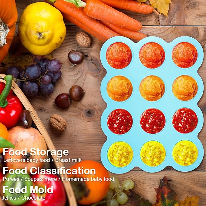 3 Pcs Baby Food Storage Container 12 Cup Silicone Baby Food Freezer Tray with Lid Stackable Reusable Silicone Baby Food Freezer Storage Tray for Food Vegetable Fruit Puree and Breast Milk (Blue)-CubbioJoy