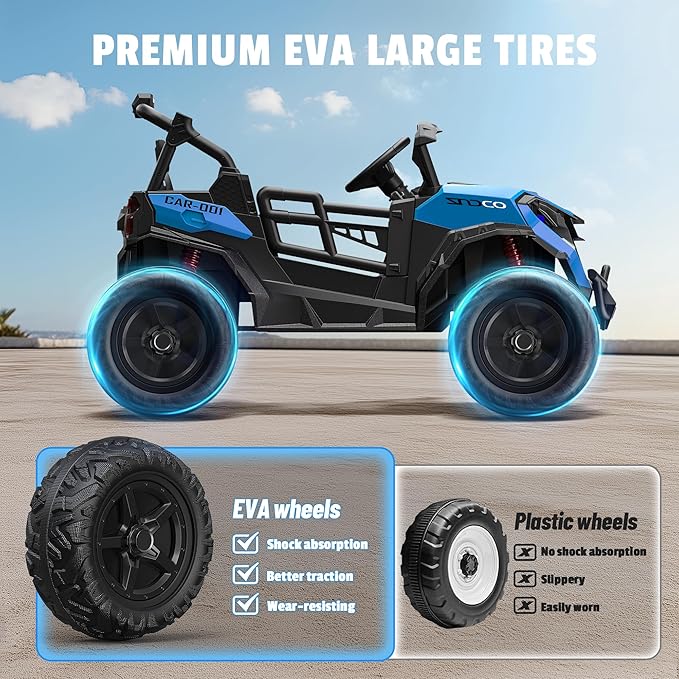 24V 2 Seater Ride on Car Truck, 4x200W, EVA Tires, 4WD/2WD, Remote Control, Rainbow Lights, Shock Absorbers, Bluetooth, Ride On UTV Toy for Kids Ages 3-8, Blue-CubbioJoy