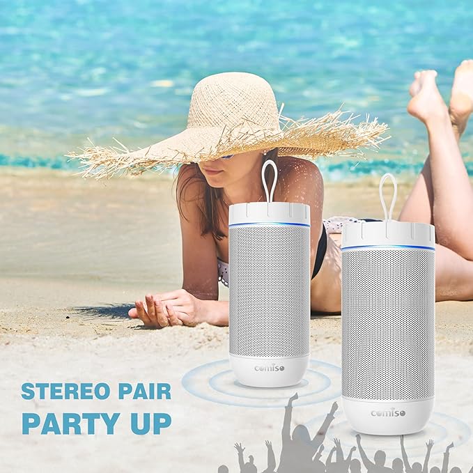 comiso X26 Bluetooth Speaker, IPX4 Waterproof Speakers 360° HD Surround Sound with Punchy Bass, Wireless Dual Pairing, 24H Playtime, Portable Speaker for Shower, Home, Outdoor, Camping, Beach-White-CubbioJoy