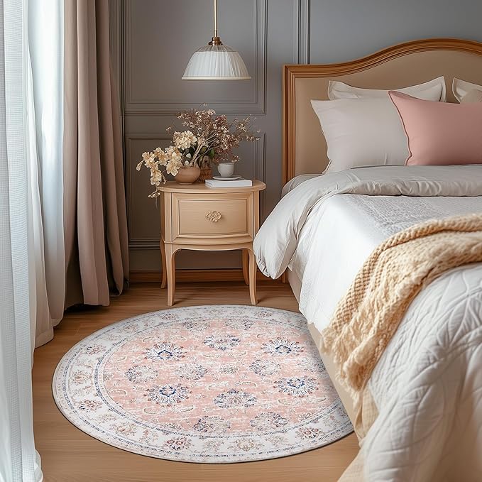 jinchan Round Rug 4ft Area Rugs Vintage Floral Distressed Design - Machine Washable Non-Slip Low-Pile Ultra-Thin Circle Rug for Entryway Bedside Living Room Dining Room Bedroom (4' Round,Pink)-CubbioJoy