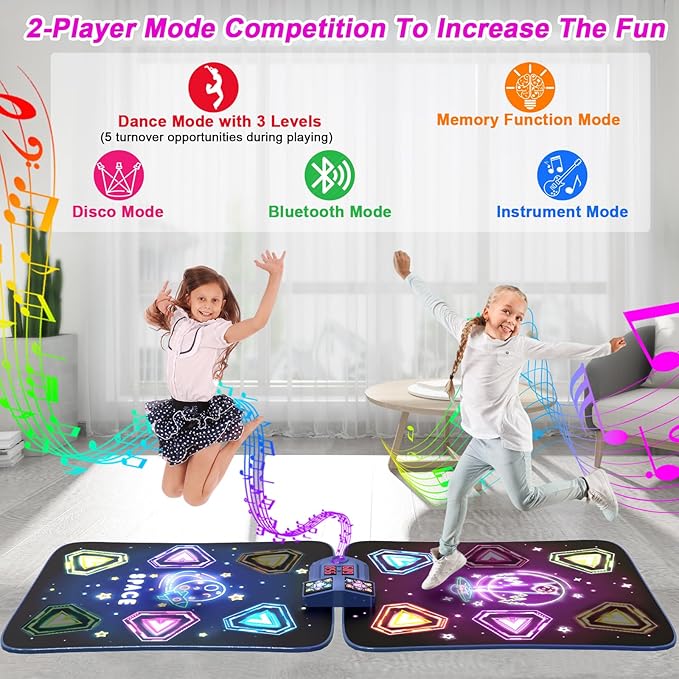 Dance Mat Toys for 3-12 Year Old Girls Boy, 2 Players Dance Mat with Light-up 12 Buttons & 5 Games Mode, Bluetooth Dance Game Toy for Girls 5-7, Xmas Birthday Gifts for 3 4 5 6 7 8 9 10+ Year Old Kids-CubbioJoy