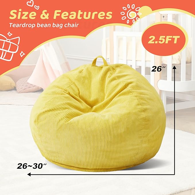 Bean Bag Chairs Teardrop Bean Bag Chair Beanbag Chair with Memory Foam Filled Machine Washable Cover for Living Room, Bedroom (Small,Yellow)-CubbioJoy