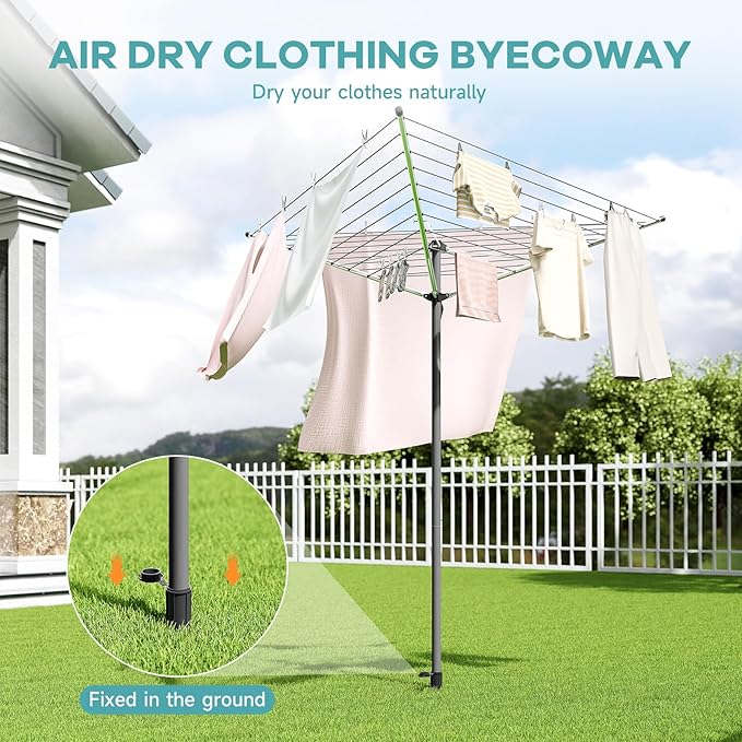 APEXCHASER Clothes Drying Rack, Outdoor Umbrella Drying Rack, Rotary Metal Drying Rack Clothing Foldable, 3-Arms Umbrella Clothesline with 98ft, Steel Frame, Backyard-CubbioJoy