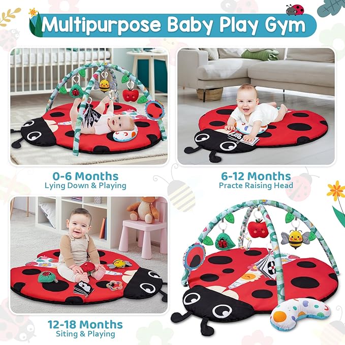 Jyusmile Baby Play Gym Mat, 8-in-1 Tummy Time Mat with 6 Toys, Washable Baby Activity Mat for Visual, Hearing, Sensory, Motor Development, Baby Essentials Gift for Newborn Infant 0-3-6-9-12 Months-CubbioJoy