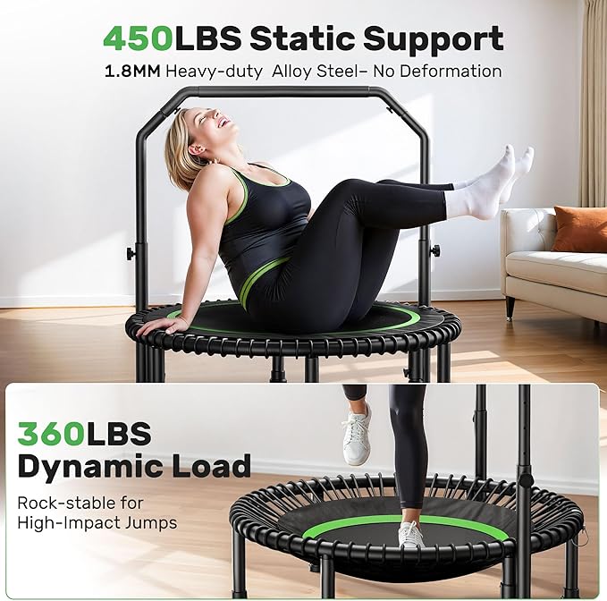 BCAN 40"/48" Mini Rebounder Trampoline for Adults with Bar, 450/550LBS Fitness Trampoline with Bungees, Adjustable Handle, Stable & Quiet, Indoor Outdoor, Whole-Body Workout & Relaxation at Home-CubbioJoy