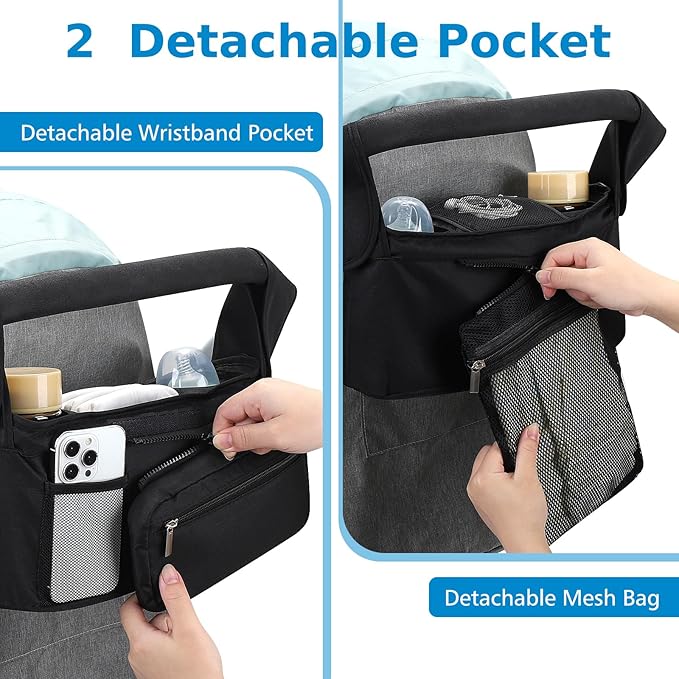 Accmor Universal Stroller Organizer with Insulated Cup Holder Detachable Phone Bag and Shoulder Strap,Stroller Bag Caddy Organizer Fits for Uppababy, Baby Jogger, Britax Strollers-CubbioJoy