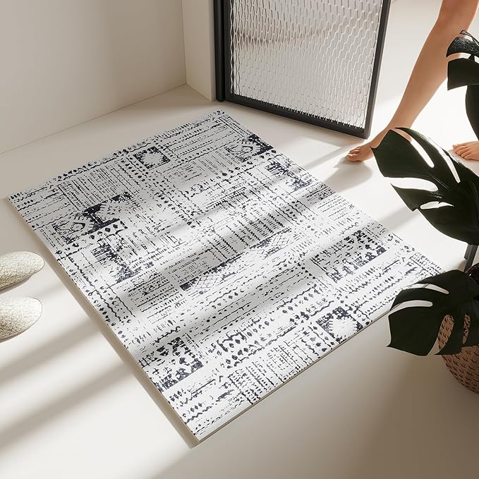 Door Mat Indoor Entrance 2x3 Rug Machine Washable Boho Moroccan Small Area Rug Non-Slip Low Pile Throw Rugs for Entryway, Kitchen, Front Door Indoor Entrance,Kids Room (Black and White)-CubbioJoy