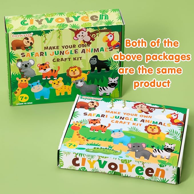 CiyvoLyeen Safari Jungle Animals Sewing Craft Kit DIY Kids Craft and Sew Set for 7 8 9 10 11 12Girls and Boys Educational Beginners Sewing Stuffed Animal Felt Plush Ornaments Set of 14-CubbioJoy