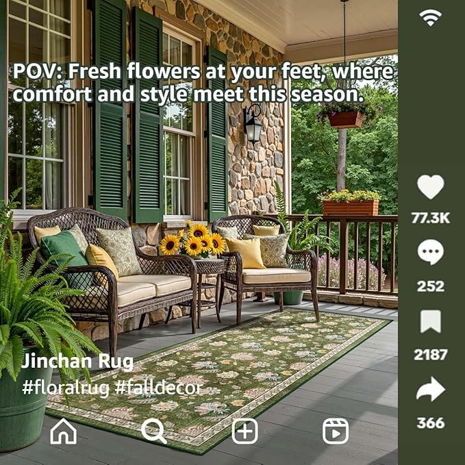 jinchan 3x8 Floral Runner Rug for Hallway Washable Kitchen Runner Vintage Romance Design Non Slip Thin Indoor Floor Cover Low-Profile Throw Carpet for Entryway Bathroom Bedroom Porch, Green-CubbioJoy