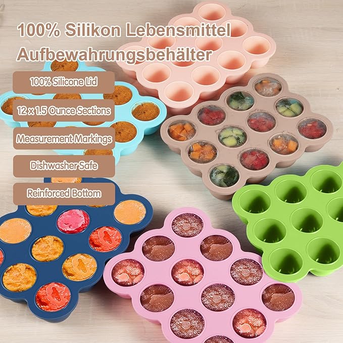 Baby Food Storage 12 x 1.5OZ Silicone Freezer Tray with Lid, Food Grade Silicone Containers for Purees & Vegetables Light Brown-CubbioJoy