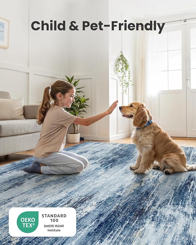 Amada 8x10 Area Rug, Modern Abstract Living Room Rug with Non-Slip Backing & Short Pile, Large Washable Rug with Abstract Pattern for Living Room, Bedroom and Dinning Room, Blue-CubbioJoy