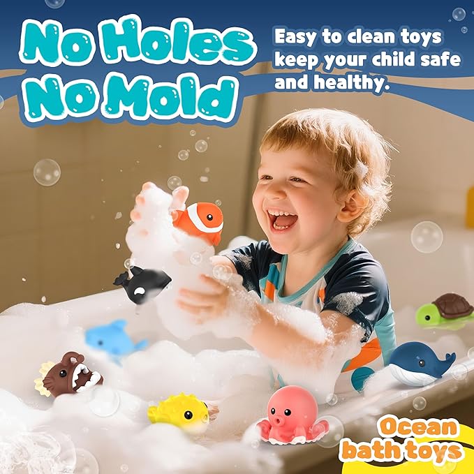 8 PCS Ocean Animal Bath Toys Mold Free Infant Bath Tub Toys for 12 Months - No Hole Bathtub Toys for Toddlers 1-3 Water Pool Toys for Baby Toddler Ages 1+-CubbioJoy