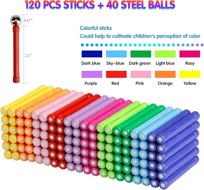 160 Pcs Magnet Building Sticks Kids Toys, Lengthen Magnetic Construction Building Blocks Set 3D Brain Training Learning Educational DIY STEM Toys-CubbioJoy