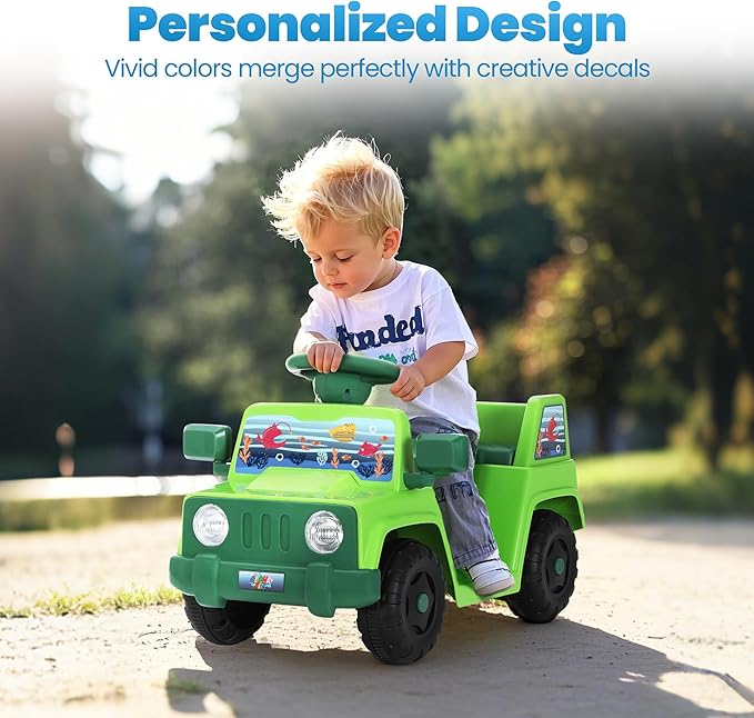 6V Toddler Ride On Car Interactive Electric Car with Horn LED Front Light Rear Storage Ocean Theme Perfect for Boys & Girls 18+ Months Safe & Fun for Little Explorers(Green Ocean)-CubbioJoy