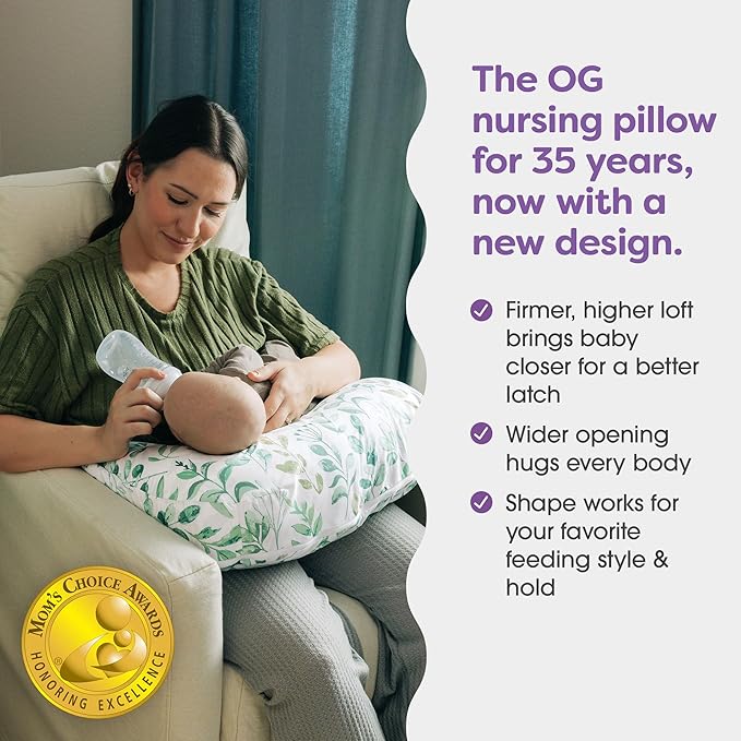 Boppy Nursing Pillow - Ergonomic Bottle & Breastfeeding Pillow with High, Firm, Large Area, Water-Repellent Cushion with Washable Cover; Baby Safety Alliance Verified - Sage Green Leaf-CubbioJoy