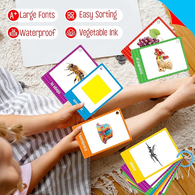 60 English Spanish Flash Cards, Double-Sided Nouns Cards Bilingual Sight Words - Animals, Colors, Food, Vehicles Cards, Language Vocabulary Learning Tool for Beginners 5+ with 2 Reclosable Rings-CubbioJoy