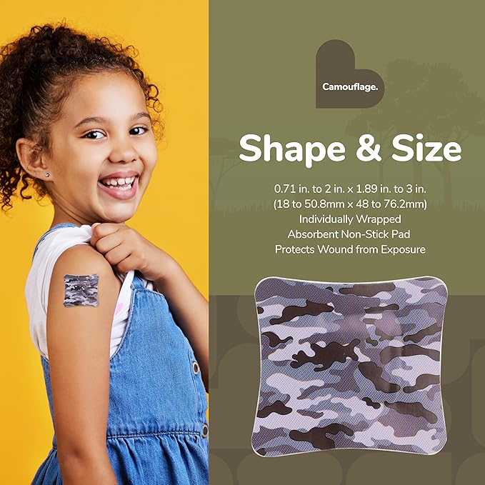 BioSwiss Bandages, Assorted Size Camoflauge Print Self Adhesive Bandage, Latex Free Sterile Wound Care, First Aid Kit Supplies for Kids and Adults, 60 Count-CubbioJoy