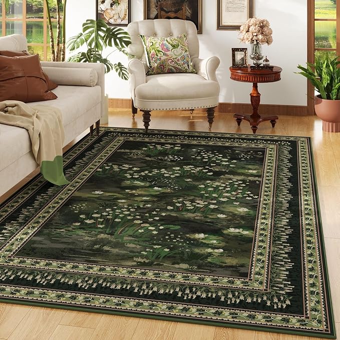 Area Rugs 8x10 Clearance Impressionist-Style Vintage Washable Area Rug Non Slip Low Pile Large Rug for Bedroom Farmhouse Dining Room Kids Playroom, Green-CubbioJoy