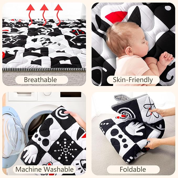 Baby Play Mats for Floor, Upgraded Thick Soft 50x50 Playpen Mat, Anti-Slip Bottom, Foldable and Machine Washable Playmat for Babies and Toddlers Infants(High Contrast)-CubbioJoy